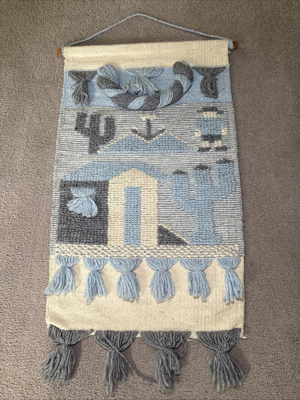 Wool Fiber Art Wall Hanging Southwestern Pueblo Cactus 34” Woven Blue Gray Vtg